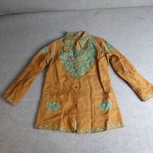Vintage Womens Jacket Small Beige Embroidered Sued Boho Western Hippie 70s' Char